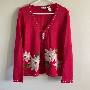 Kim Rogers Christmas Sweater Women’s‎ Size XL White Poinsettias Beading Sequins